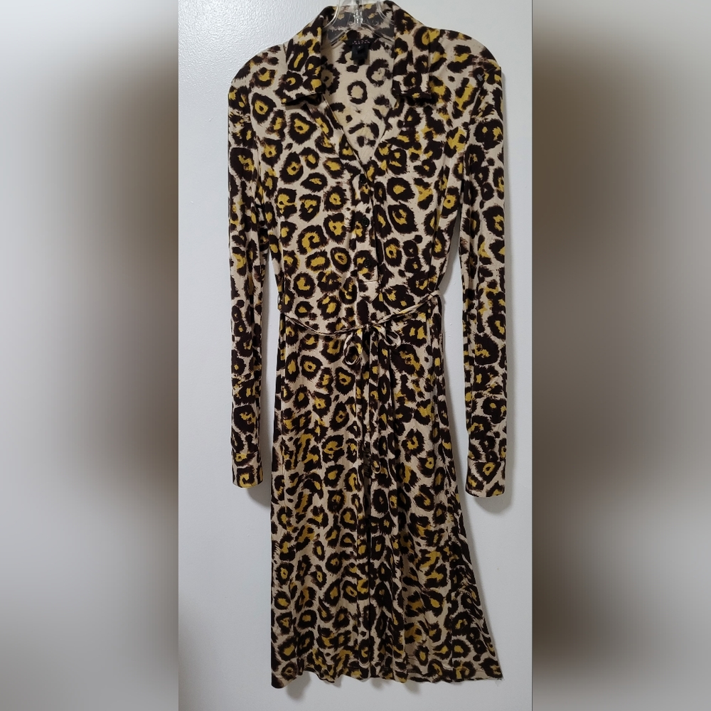 Pink Tartan Dress Womens Small Leopard Print Long Sleeve Silk Jersey Midi Belted